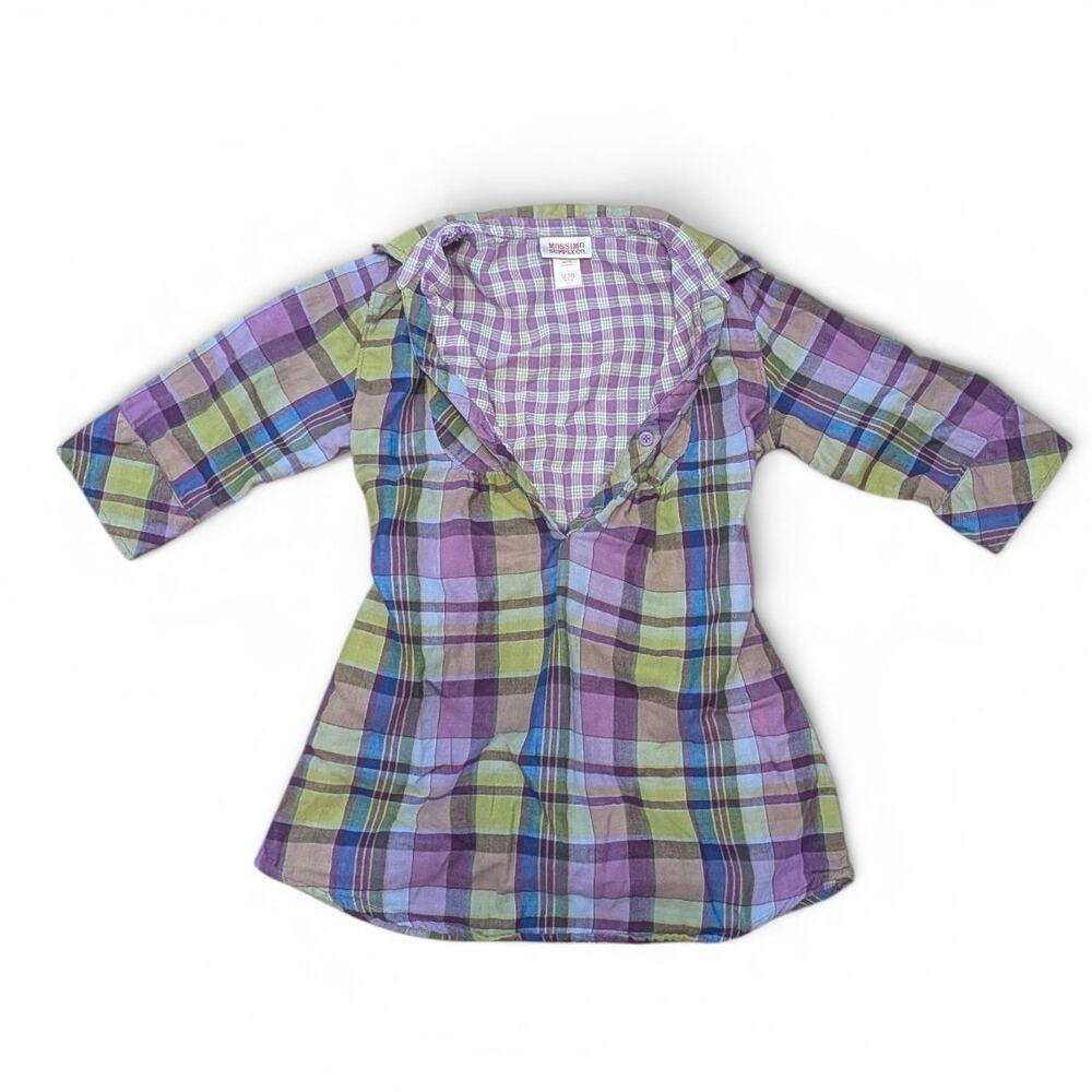 Mossimo Supply Co Y2K Purple & Green Plaid Tunic Top With Tie Back Design